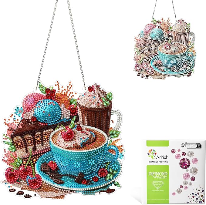 MAXBYE Coffee and Cake Diamond Art Painting Kits for Adults Beginners Hanging Pendent, DIY 5D Special Shaped Crystal Diamond Painting Kits Ornament for Gift Home Wall Door Decor 8×8 Inch