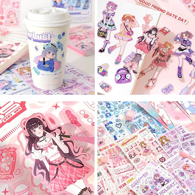 Cute Girly Stickers 600 Kawaii 20 Scrapbook Papers for Journaling Anime Girl Kids Scrapbook Kit for Girls