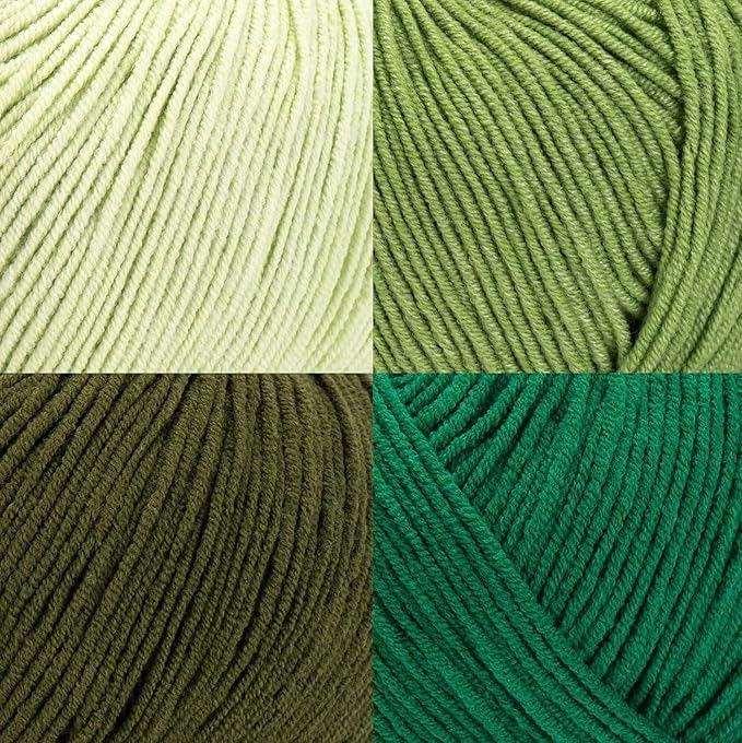 Cotton Yarn Kit - 4 Multicolor Balls Soft Sport Weight Yarn for Crochet & Amigurumi - 50g / 175yds Each & 10 Stitch Markers (H05 - Forest/Green)