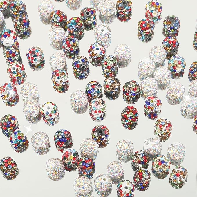 150 Pcs 10mm Rhinestone Beads for Jewelry Making, Colorful Shiny Round Shamballa Disco Baseball Necklace Beads Sparkle Crystal Clay Pave Rhinestones Bead for DIY Bracelet Earring Craft Making Supplies