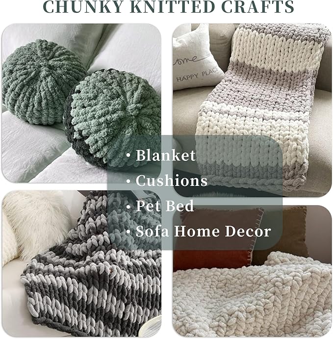 SUNTQ 8 Pack Chunky Chenille Yarn for Crocheting, Bulky Thick Fluffy Yarn for Hand Knitting Blanket, Soft Plush Knitting Yarn for Cushions, Pet Bed,Home Decor, Sage Green(32 yds,8.8 oz Each Skein)