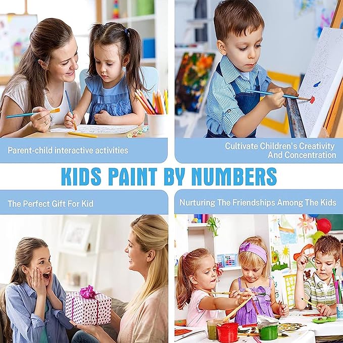 KOJEFCV 4 Pack Cartoon Paint by Number for Kids with Wooden Frame-Paint by Numbers for Kids Ages 4-8-12, DIY Paints with Numbers Easy Acrylic Oil Painting Kits for Home Wall Decor (8X8inch)