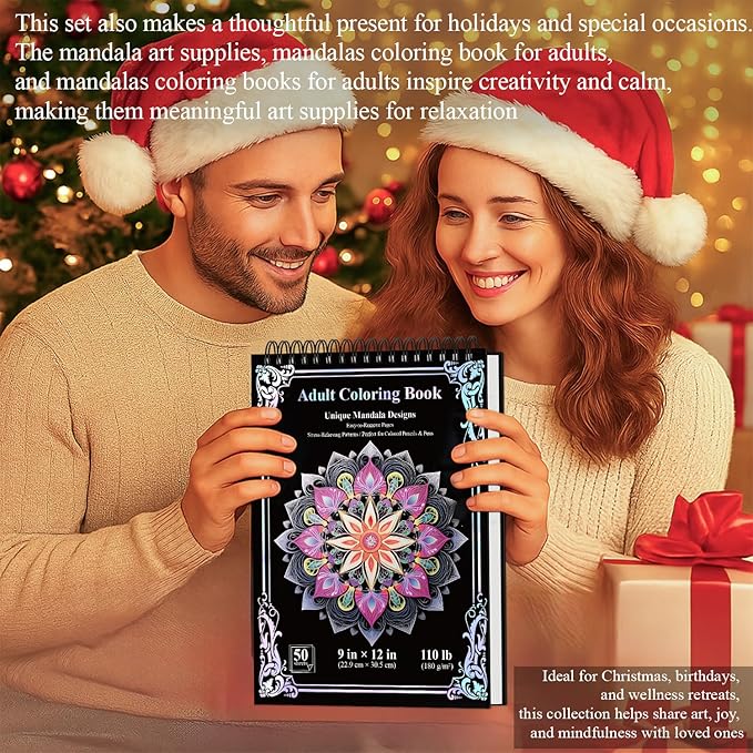Mandala Coloring Book for Adults Hardcover: 50 Unique Designs Spiral Coloring Book for Adults with Perforated Pages. (Mandala Designs, 9 x 12 inches, 50 Sheets), Valentines Day Gifts.