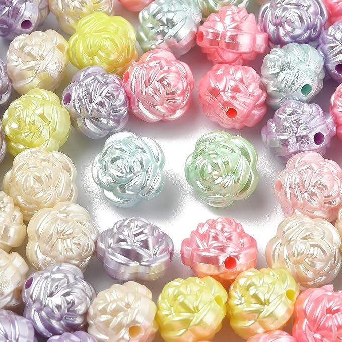 Ipotkitt 100 Pcs Imitation Pearl Acrylic Rose Beads Random Color Spring Flower Beads Valentine Rose Spacer Loose Beads for DIY Jewelry Crafts Supplies Decoration