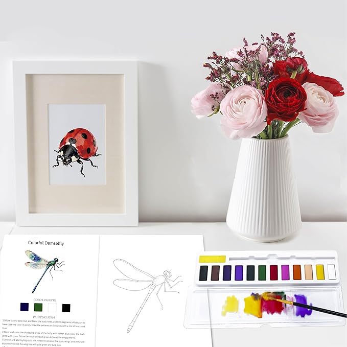 Watercolor Workbook Creative Insect Water color Paint Book Set with Paints & Brush, 12 Patterns of Original DIY Designs, Beginner-Friendly Adult Coloring Books (Insect)