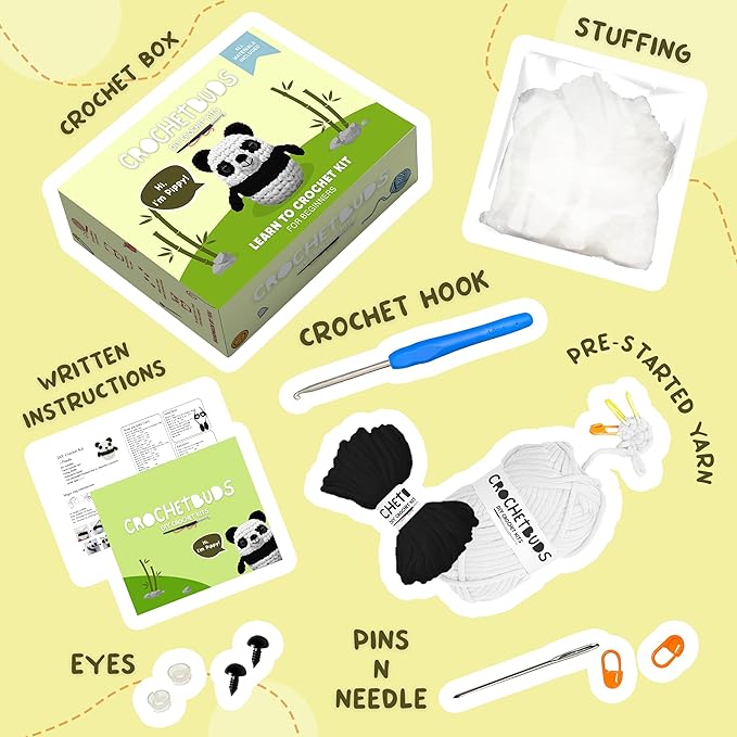 Panda Crochet Kit for Beginners & Adults | DIY Yarn Project for Couples, Teens & Animal Lovers | Complete Kit w/ Hook, Pattern, Step-by-Step Video & Written Guides | Fun Creative Gift (Ages 15+)