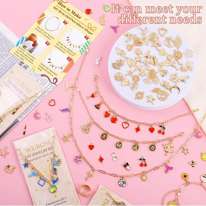 Wurosi 443 Pcs Gold Charm Bracelet Necklace Making Kit for Women, Including 8 Paperclip Chain Bracelets, 4 Paper Clip Chain Necklaces, Accessories for Jewelry Making, Crafts Beginner Supplies Gift