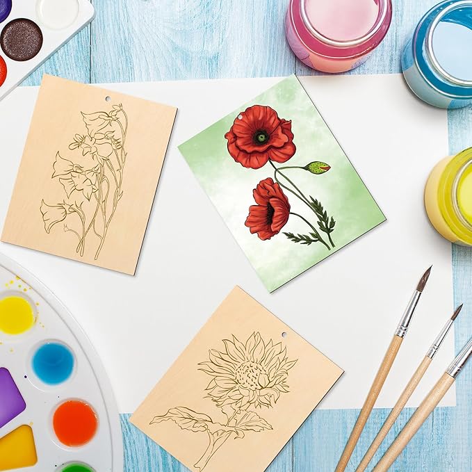 COCHIE 10 Pieces Large Flowers Unfinished Wood Crafts to Paint for Adults, Bulk Predrilled Wooden Ornaments for Painting, Tulips Flower Paintable Wood Slices Craft Supplies with Ropes