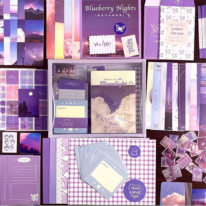 LCLAIDYDY 348 PCS Aesthetic Scrapbook Kit with A6 Grid Notebook, Bullet Junk Journals, DIY Gift Journaling Kit for Teen Girl Women (Moonlight)