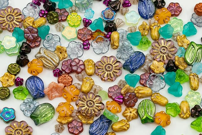 Bohemia Crystal Valley 1.4oz (40g) Summer Mix of Small Czech Glass Flower Beads, Hand Made Set Kit, Bell Flower, Tulip, Bud Beads