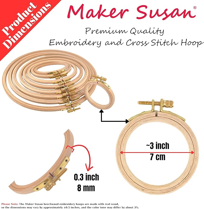maker susan 2.75" wood embroidery hoop, round beechwood cross stitch hoop with adjustment brass screw, cross stitch hoops and frames, suitable for embroidery, craft sewing (2.75 inch)