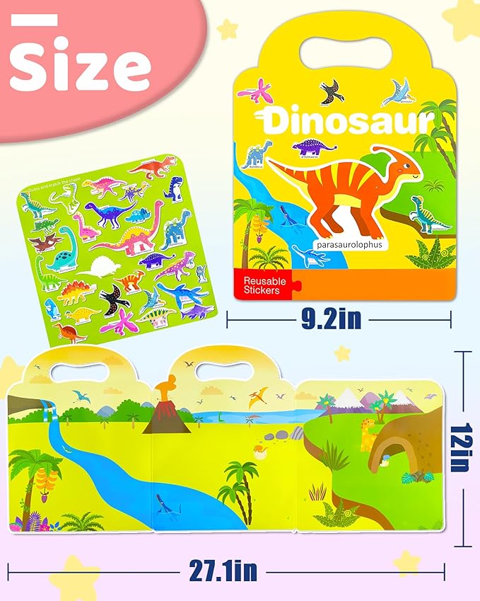 benresive reusable sticker books for kids, sticker books for toddlers, toddler travel toys activities crafts ages 3 and up birthday gifts - dinosaur