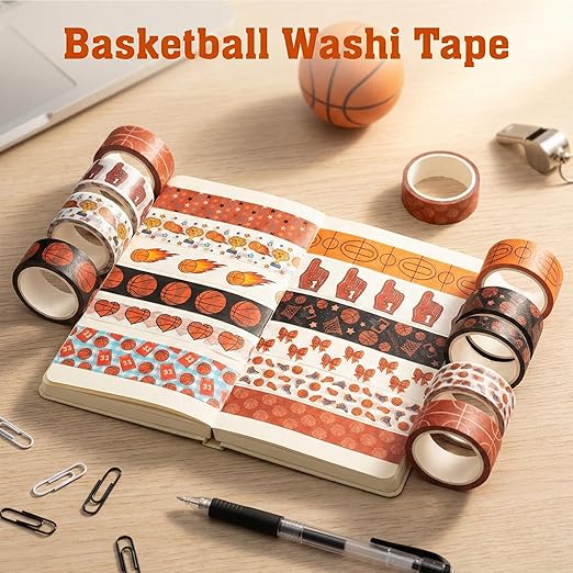 Sports Theme Washi Tape - Basketball Hoop Net Heart Bow Pattern Premium Acid Free Repositionable Adhesive Paper for Scrapbooking Gift Wrapping Journaling DIY Crafts Sports Fan Supplies