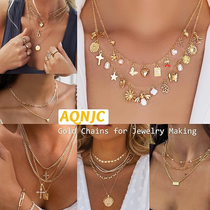 AQNJC Gold Chain for Jewelry Making, 98 Feet 12 Rolls Jewelry Chains with Gold Charms for Women DIY Necklace Bracelet Making Supplies with Jump Rings, Lobster Clasps, Connectors