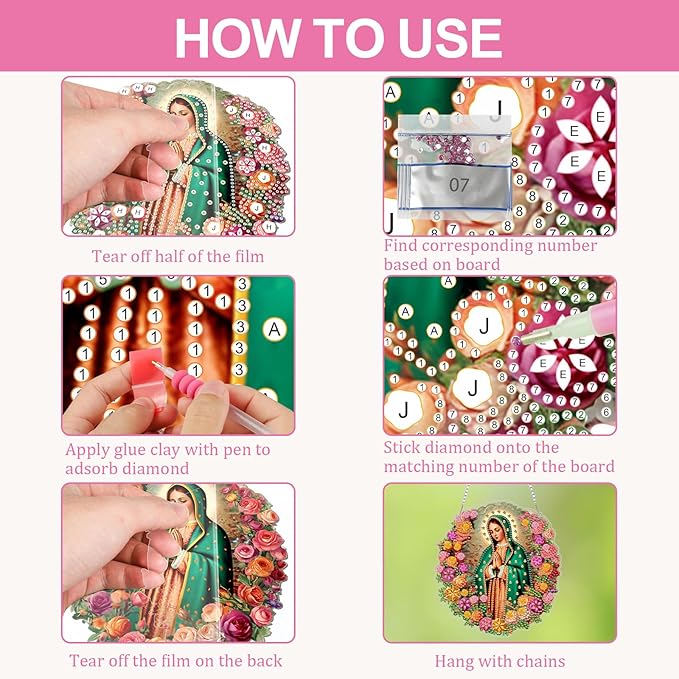 CEOVR Virgin Mary Hanging Diamond Art Kits for Adults, Prayer Special Shape Religious Diamond Painting DIY Gem Art, Windows Pendant Ornament with Chain, Acrylic Home Garden Decor, Box Kit 7.07x7.61In