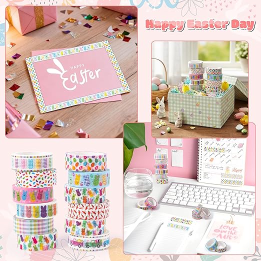 Easter Bunny Washi Tape - 12 Rolls Rabbit Dressed Scrapbook Washi Colored Masking Adhesive Decorative Tape Set School Office Teacher DIY Craft Scrapbooking Junk Journal Journaling Supplies