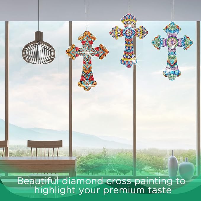 Faccito 3 Pcs Cross Diamond Art Painting Hanging Kit for Adult DIY 5d Crystal by Number Mandala Cross Rhinestone Pendant Acrylic Mosaic Wall Ornament Gift for Easter Religious Christians Woman
