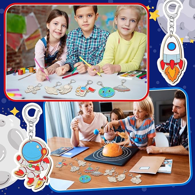 Trnayi 36 Pcs Outer Space Party Favors Unfinished Wooden Keychains Color Your Own Space Astronaut Star Planet Alien UFO DIY Wood Crafts Blank Wood Painting Crafts for Birthday Arts Gifts
