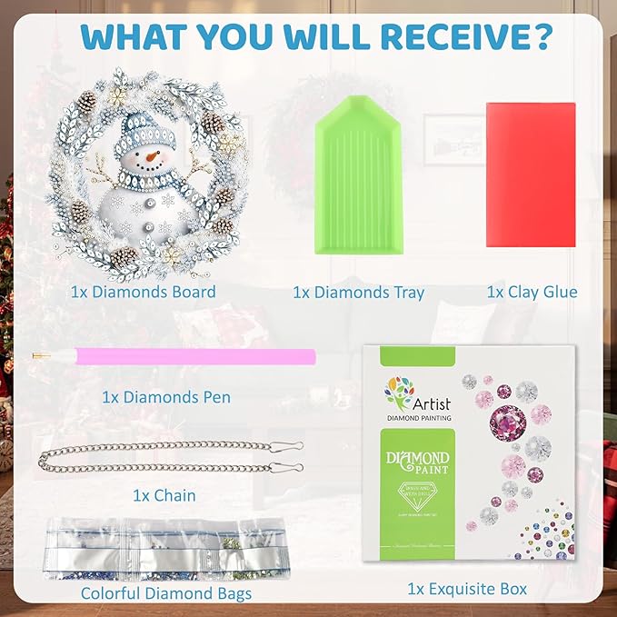 MEIYUDA Snowman Diamond Art Hanging Kits for Adult, Snowman Winter Wreath Diamond Painting Hanging Kits Ornaments, DIY Special Shaped Rhinestone Window Pendants kit for Home Garden Wall Decor