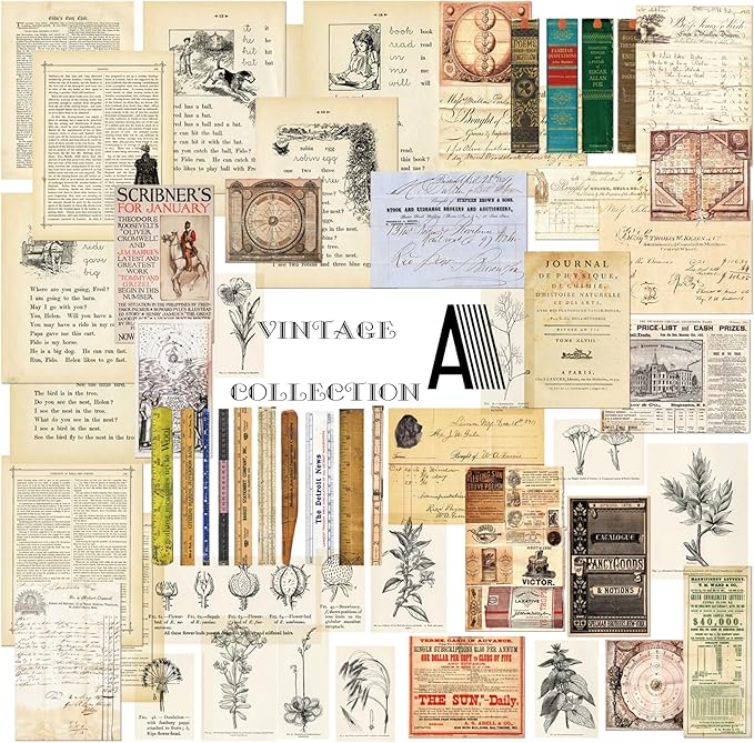 CATaireen Vintage Junk-Journal Mixed Paper Scrapbooking Embellishments Set Retro Journaling Decoupage Stickers Textured Packaging Decorative Cards Tags Kit (Poster A)