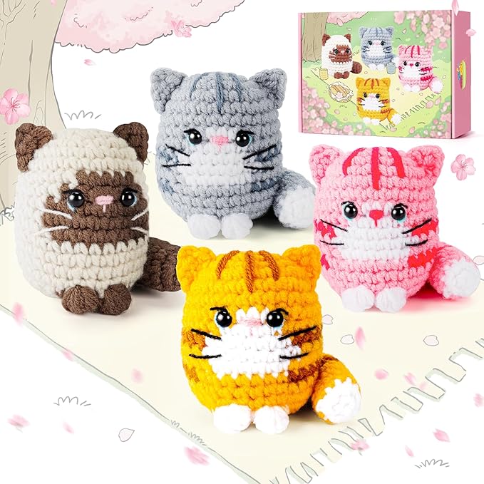 Crochet Kit for Beginners -4 PCS Cat Crochet Kit with Step-by-Step Video Tutorials, Learn to Crochet Kits for Adults, Beginner Crochet Kits for Adults, Animals Cat Crafts Knitting Kit Galentines Gifts
