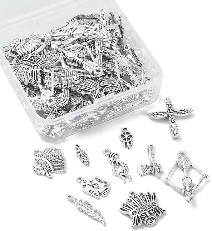 DanLingJewelry 100Pcs 10 Styles Indian Theme Charms - Indian Chief, Thunderbird, Axe, Feather for DIY Necklace & Bracelet Crafting