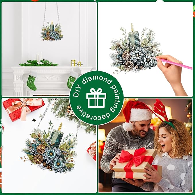 Christmas Diamond Painting Hanging Ornament Kit, 5D DIY Crystal Diamond Art Pendant with Candle and Floral Decoration, Holiday Wall, Window & Door Hanging Decor for Adults, Home Gift, 24.1 x 21.9 cm