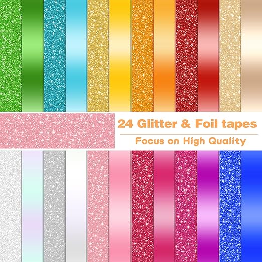 AEBORN Metallic Glitter Washi Tape - 24 Rolls Thin Colored Masking Tape Set, 6mm/10mm Decorative Tapes for Bullet Journal, Scrapbook, Christmas DIY Crafts, Gift Packaging