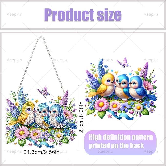 Aeepics Hanging Diamond Art Kit for Adult, DIY Diamonds Painting Pendant Ornament Kit, Acrylic Diamond Art Painting Board Kit (Birds)
