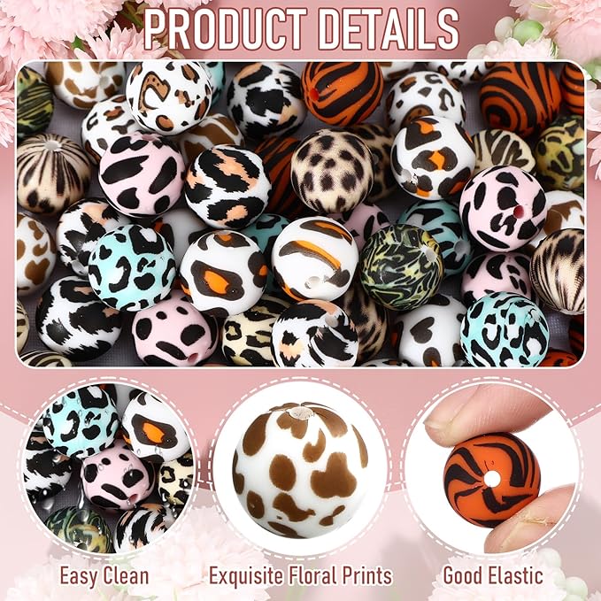 Ferreve 60 Pcs 15mm Silicone Beads Bulk Leopard Print Round Focal Beads Rubber DIY Silicone Loose Bead for Bracelet Making Kit for Keychain Pens Necklace Bracelets Jewelry Making