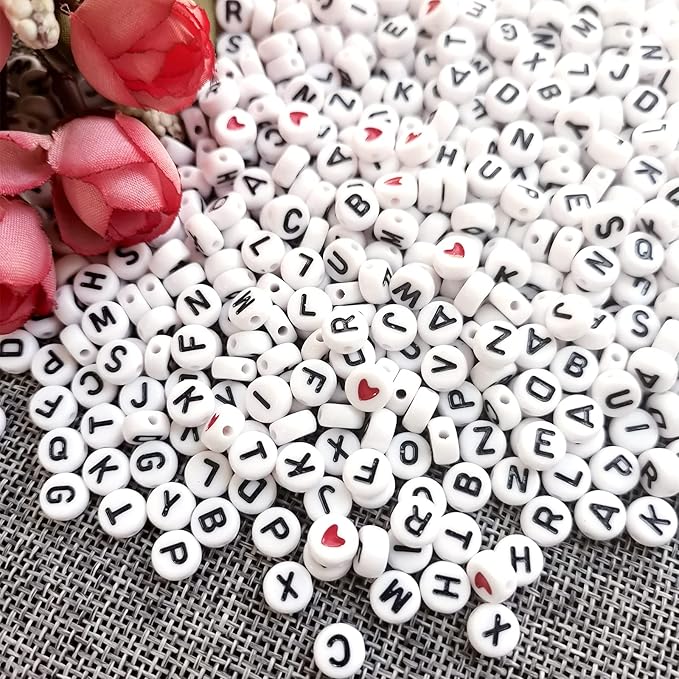 Amaney 1000pcs 4x7mm Letter Beads and Red Heart Beads for Jewelry Making Bracelets, Necklaces, Key Chains