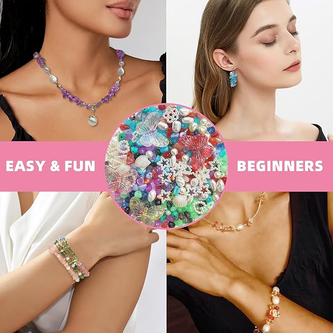 Bracelet Making Kit,1500 Pcs Beads Supplies Kits Fake Pearl Bead Crystal Beads Shell Turquoise Golden Beading Kits for Bracelets,Necklace,Ring DIY Crafts with Star Butterfly Bow Pendant for Age 16+