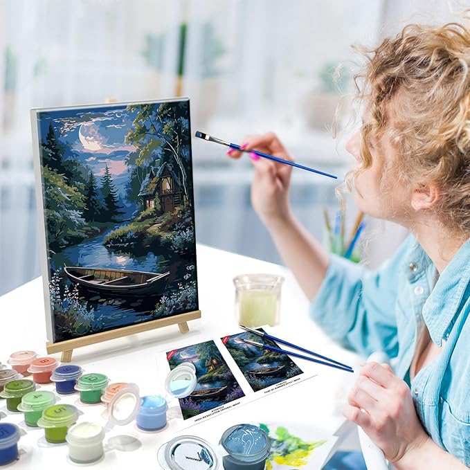 ATDMS Landscape Paint by Numbers Kit for Adult with Easel DIY Cabin Paint by Number with Frame Lake House Digital Oil Painting Kits for Wall Hanging Home Room Decor 7.87x11.81 Inch