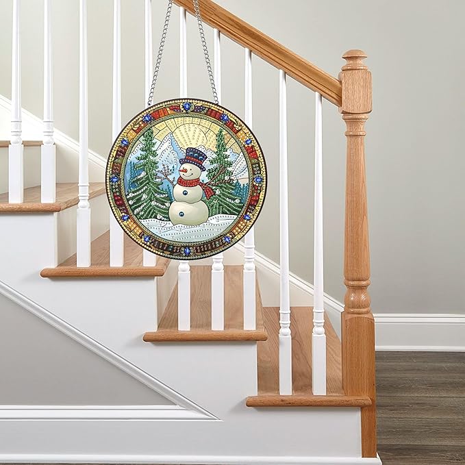 Pavemlo Hanging Diamond Art Kits for Adults Christmas Snowman – 8x8 Inch Double-Sided Acrylic Board DIY Crystal Diamond Suncatcher Pendant, Sparkling Home Wall or Window Decoration Handmade Gift