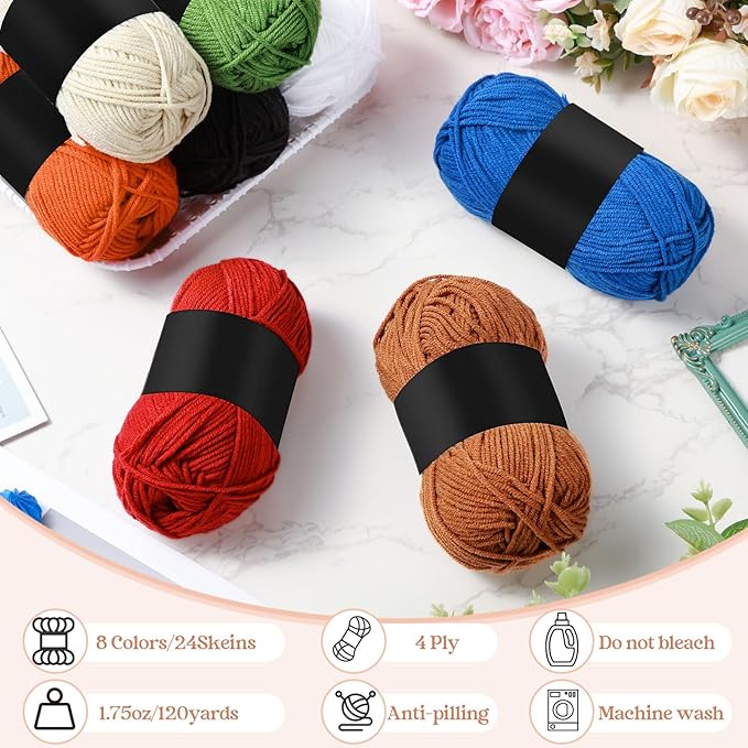 24 Skeins Soft Cotton Yarn Total 2880 Yards Assorted Colors Yarn for Crocheting and Knitting 4 Ply Acrylic Gauze for DIY Crafts Project, Each Skein 1.76 Oz/120 Yard(Dark Colors)