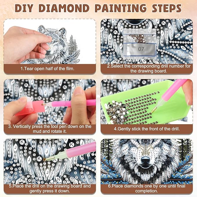 DOMROM Wolf Diamond Art Hanging Kits for Adults Beginners, Special Shaped Crystal Diamond Painting Wolf Pendant, DIY Diamond Art Suncatchers Animal for Home Garden Wall Decor Gift