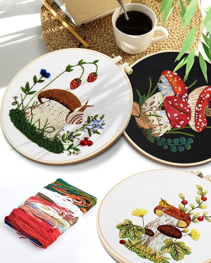 TINDTOP Embroidery Kit for Adult for Beginners, 5 Sets Mushroom Embroidery Kit for Beginners Include Embroidery Cloth Hoops Threads for Craft Lover Hand Stitch with Embroidery Skill Techniques
