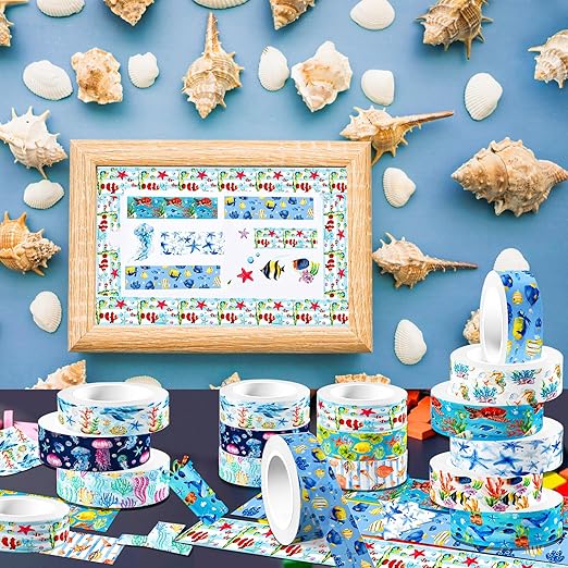12 Rolls Blue Ocean Washi Tape, Underwater World Masking Tapes, Sea Animal Cartoon Decorative Tape for Arts, DIY Crafts, Journals Planners Scrapbook Gift Wrapping 16.4FT