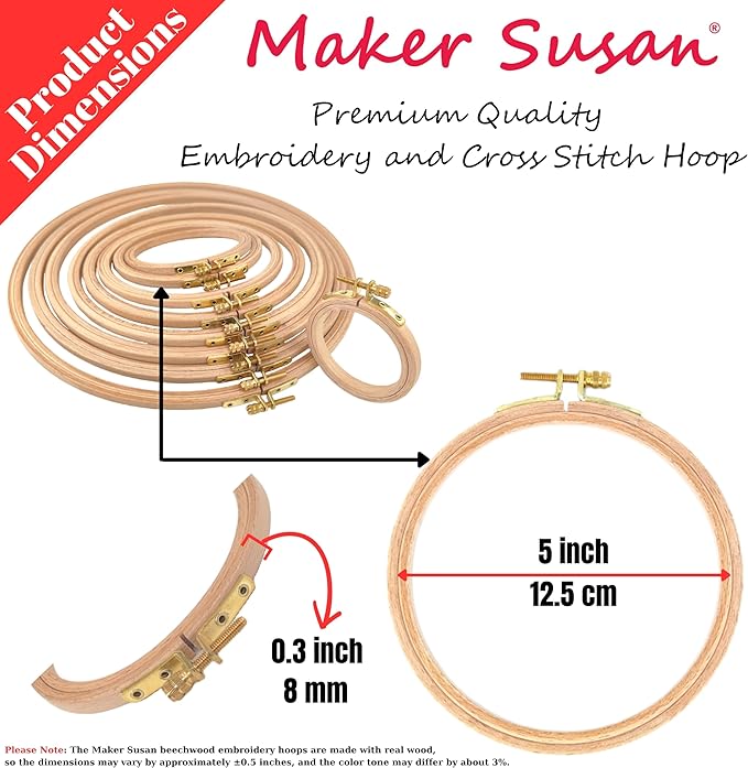 maker susan 5" wood embroidery hoop, round beechwood cross stitch hoop with adjustment brass screw, cross stitch hoops and frames, suitable for embroidery, craft sewing (5 inch)