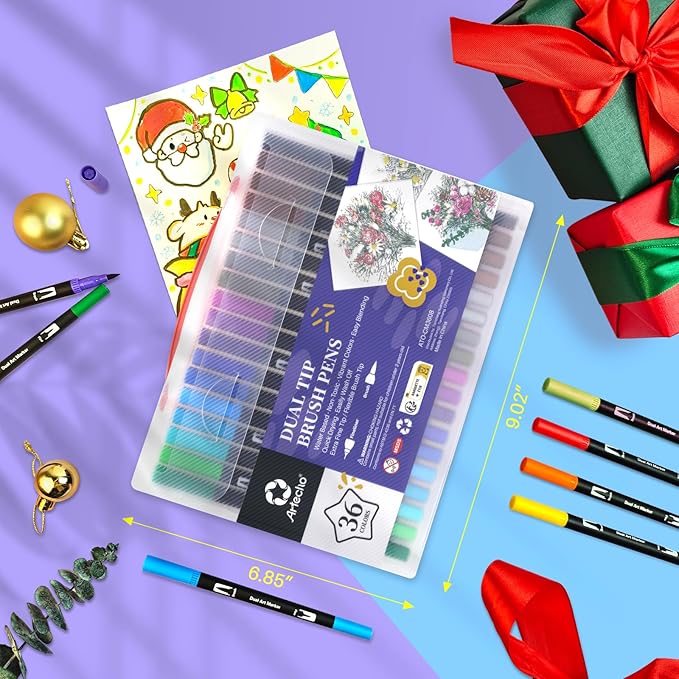 Artecho 36 Colors Markers for Adult Coloring Books, Dual Tip Markers for School, Fine and Brush Tip for Adults Coloring Books, Calligraphy, Drawing, Sketching