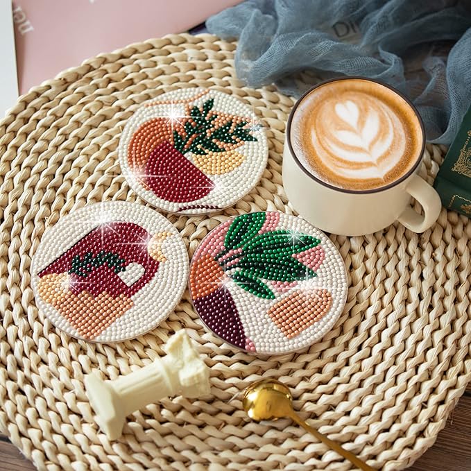 Temlum 6 Pcs Diamond Painting Coasters Kit, Abstract Plant Diamond Art Coasters for Beginners, Adults Small Diamond Painting Kit Art Craft Supplies