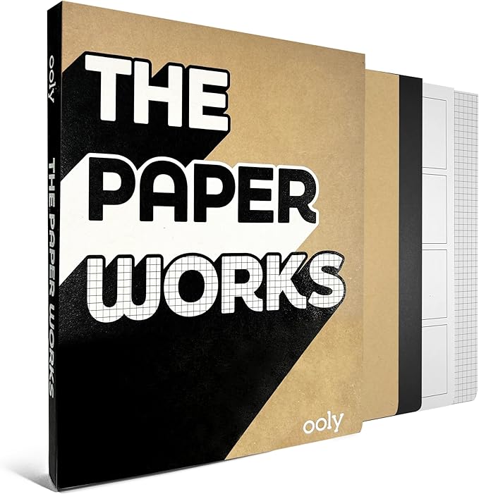 Ooly The Paper Works Sketchbook, 120 Page Mixed Media Pad, White, Black, Grid, Comic, and Kraft Paper, 8 x 10 Inch Drawing & Art Notebook for Kids and Artists