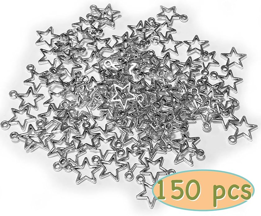 Heather's cf Celestial Beads Moon Charms Pendant Jewelry Making Earrings Necklace Bracelet Kit Findings Jump Rings Lobster Clasp Vintage Finish Plated Non Tarnish Look (Silver Star, 79-150Pcs)