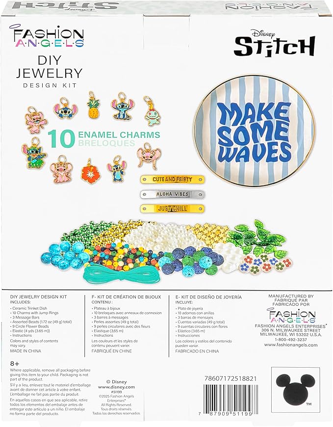 Fashion Angels Disney Stitch Jewelry Making Kit with Ceramic Trinket Tray – DIY Bracelet & Necklace Bead Set with Charms, Message Bars, and Elastic Cord for Kids & Tweens