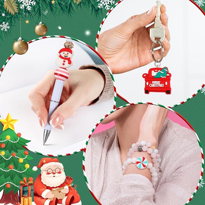 VioraWhite 48 Pcs Christmas Silicone Focal Beads for Beaded Pens Christmas Silicone Beads Charm Keychain Lanyard Kit for Beadable Items Keychains Bracelet Necklace DIY Jewelry Making