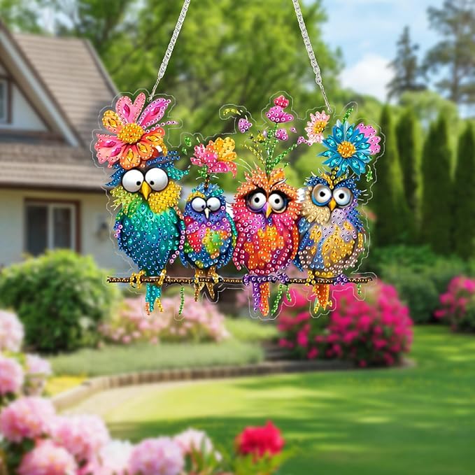 pudinbs Diamond Art Kit for Adult, 5D Diamond Art Painting Window Pendants Home Garden Wall Hanging Kits Hanging Ornament, DIY Acrylic Double Sided Ornaments (Bird)