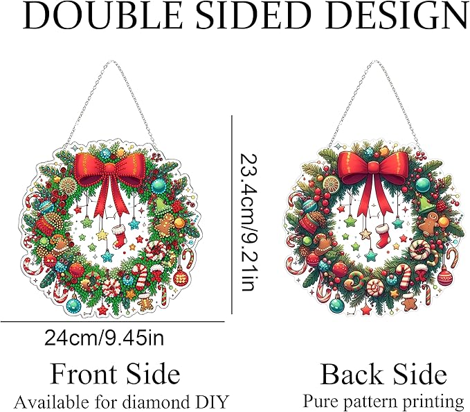 JJFox Diamond Art Hanging Kit for Adult,Special Shaped Rhinestone,Double Sided 5D DIY Acrylic Diamond Art Painting Window Pendants Home Garden Wall Hanging Kits Hanging Ornament (Christmas Wreath-2)