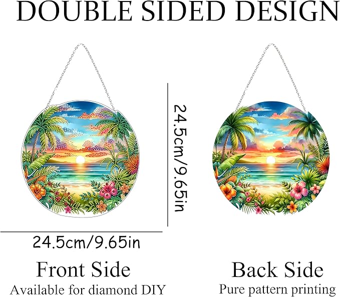 JJFox Diamond Art Hanging Kit for Adult,Special Shaped Rhinestone,Double Sided DIY Acrylic 5D Diamond Art Painting Window Pendants Home Garden Wall Hanging Kits Hanging Ornament (Summer Beach)