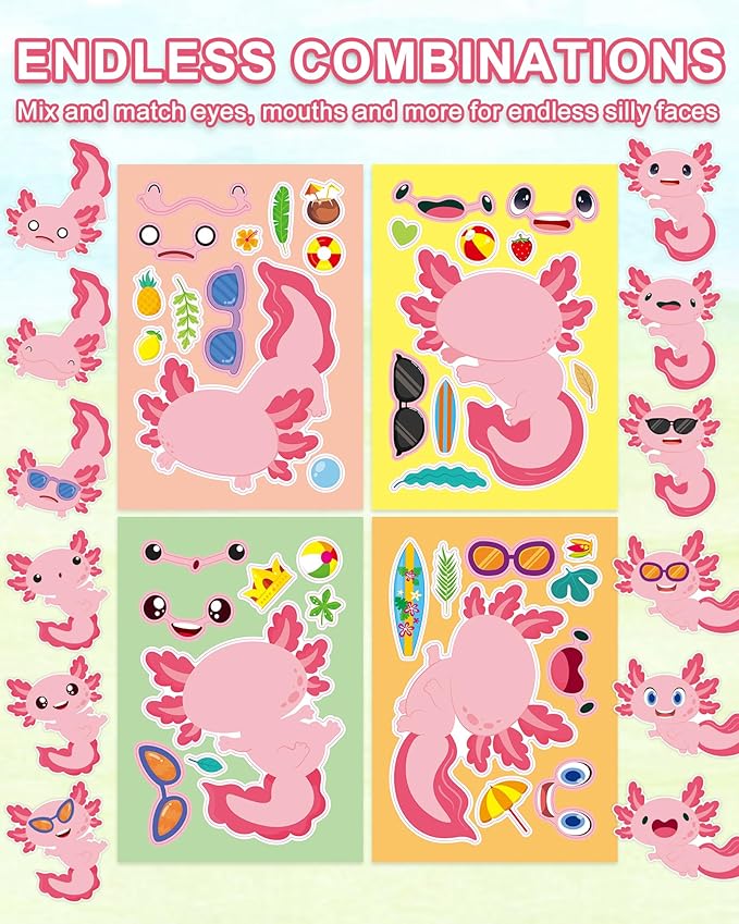 aowplc 32 sheets axolotl make-a-face stickers mix 'n match crafts for kids axolotl party favors & activities