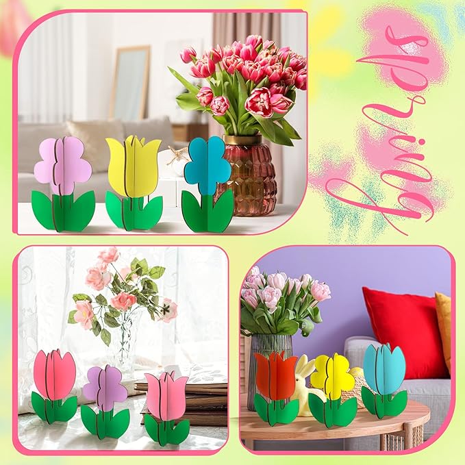 Blosssound 48 Pcs Spring Crafts Set 36 Pcs 3D Wooden Flower Cutouts Unfinished Tulip Slices Wood Daisy to Paint with 12 Colored Pens for Mother's Day Summer Easter Floral Handmade Crafts DIY Projects